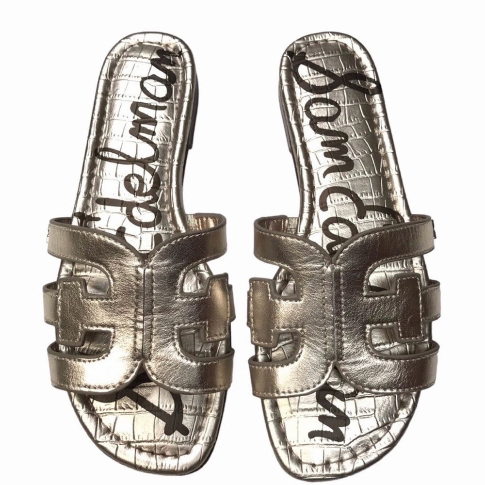 Sam Edelman Bay Slide Sandals Women 8M (7.5 fit) Metallic Gold Leather Flats